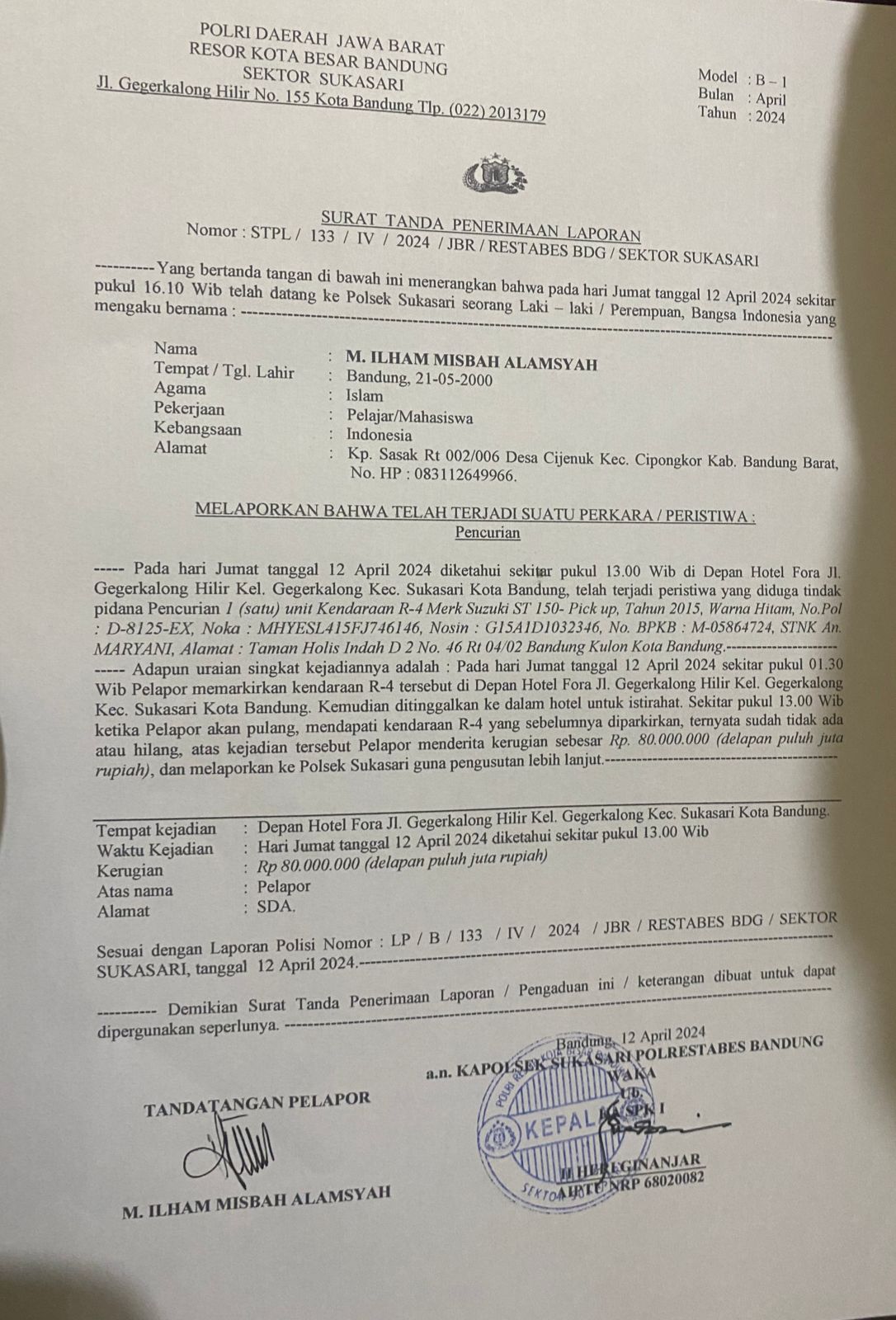Kendaraan Hilang, Korban Minta Polisi Usut Hingga Tuntas