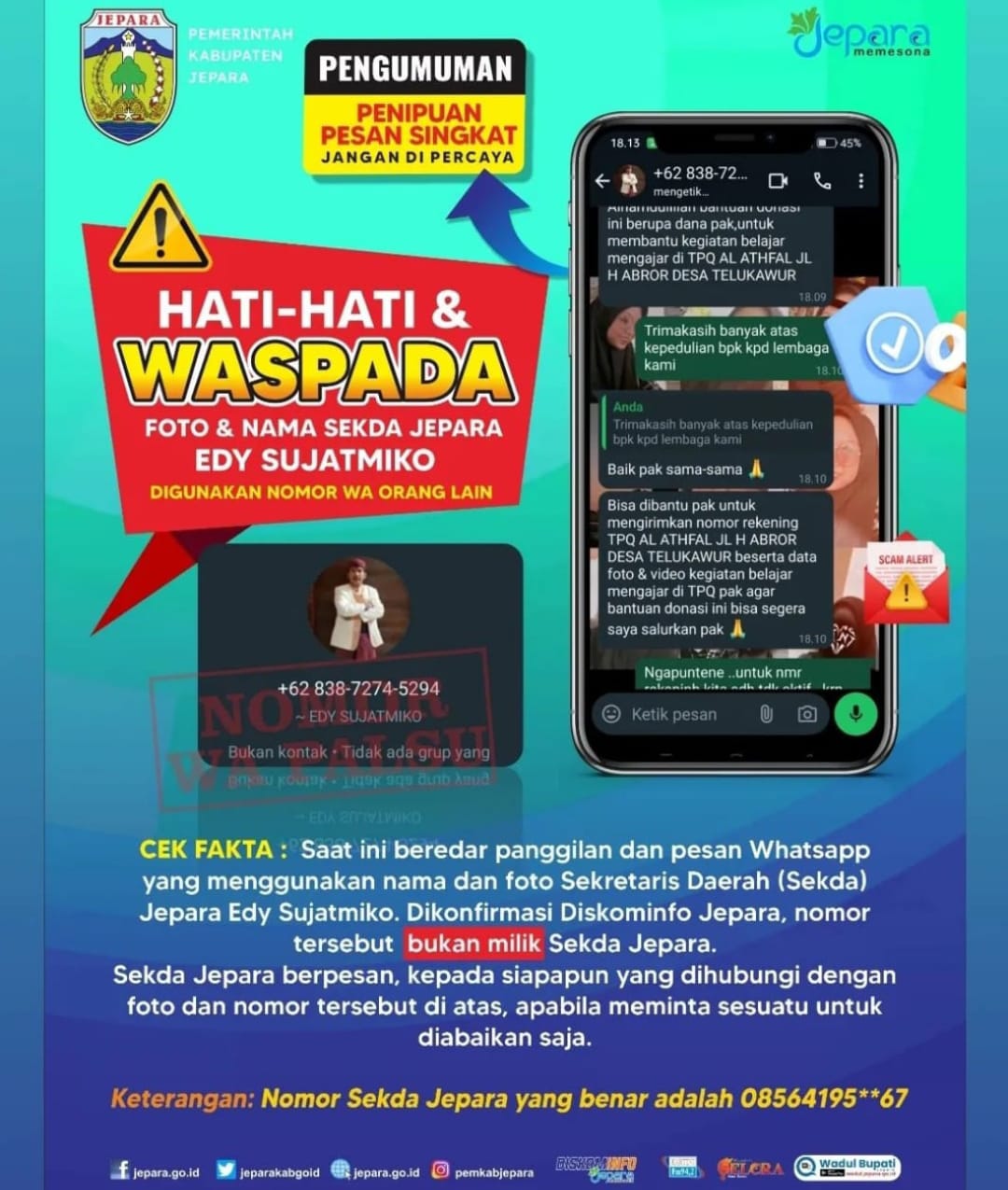 Nama Sekda Jepara Edy Sujatmiko Kembali Dicatut untuk Penipuan