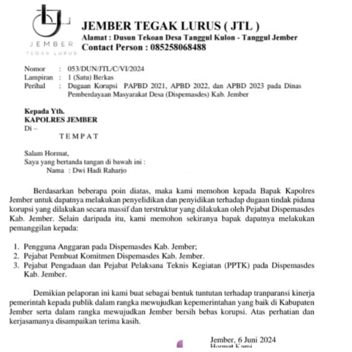 Dilaporkan ke APH Oknum Mantan Pejabat Dinas Pemberdayaan Masyarakat dan Desa Jember 