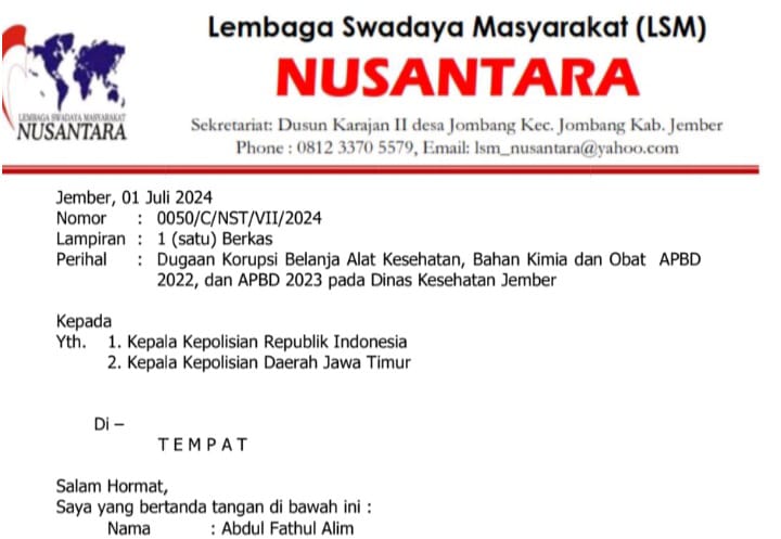 Diduga Korupsi Anggaran Alkes dan Obat, Oknum Kadis Kesehatan Jember Dilaporkan ke Bareskrim Mabes Polri 