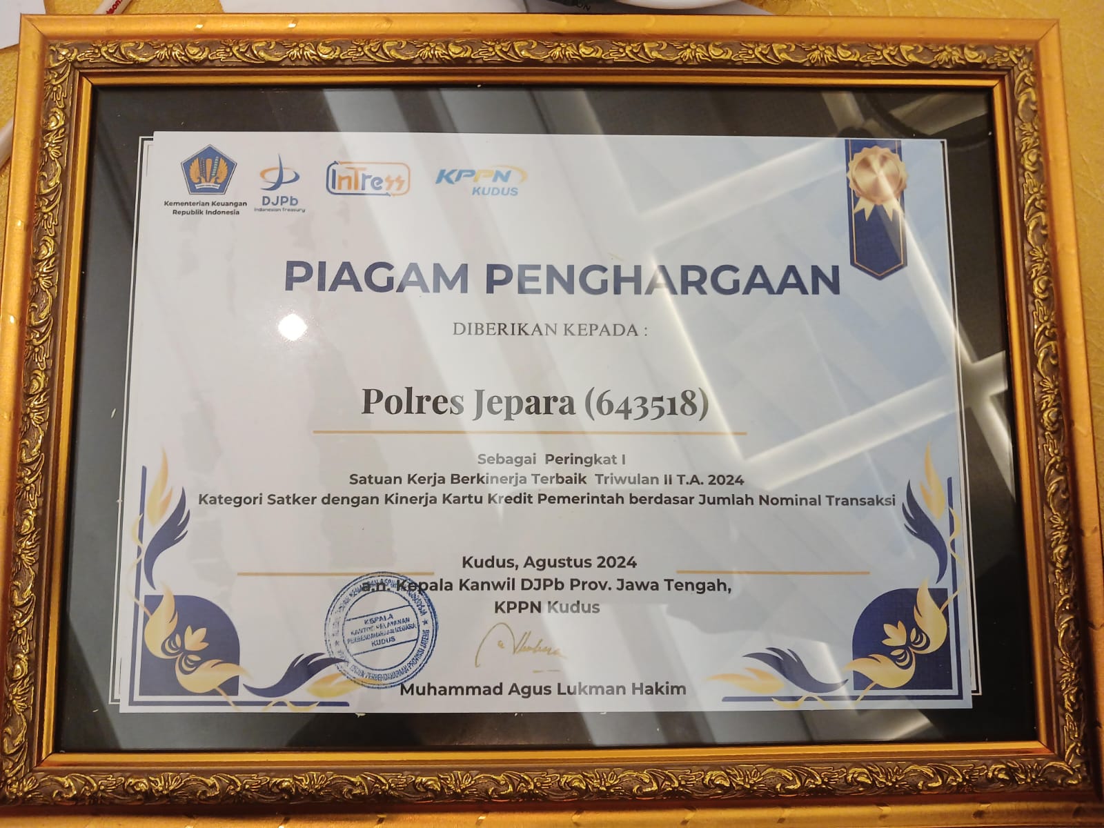 Polres Jepara Raih Peringkat Pertama Penghargaan KPPN Kudus