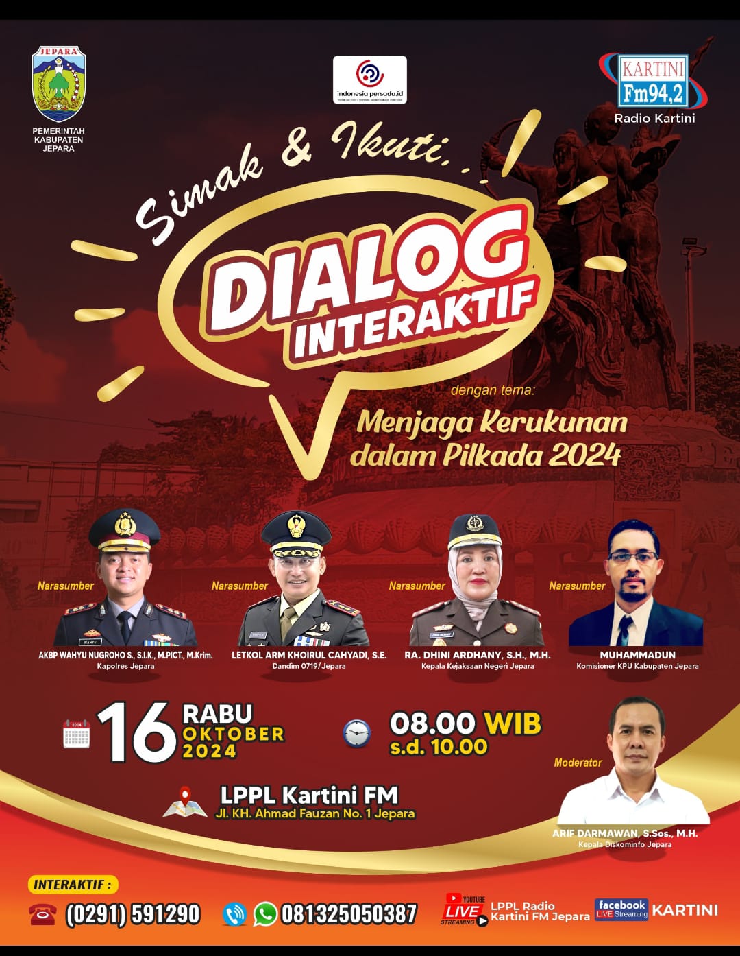Dandim 0719, Kapolres, Kajari, dan KPU Jepara Gelar Dialog Interaktif di Radio Kartini FM Bahas Kerukunan dalam Pilkada 2024