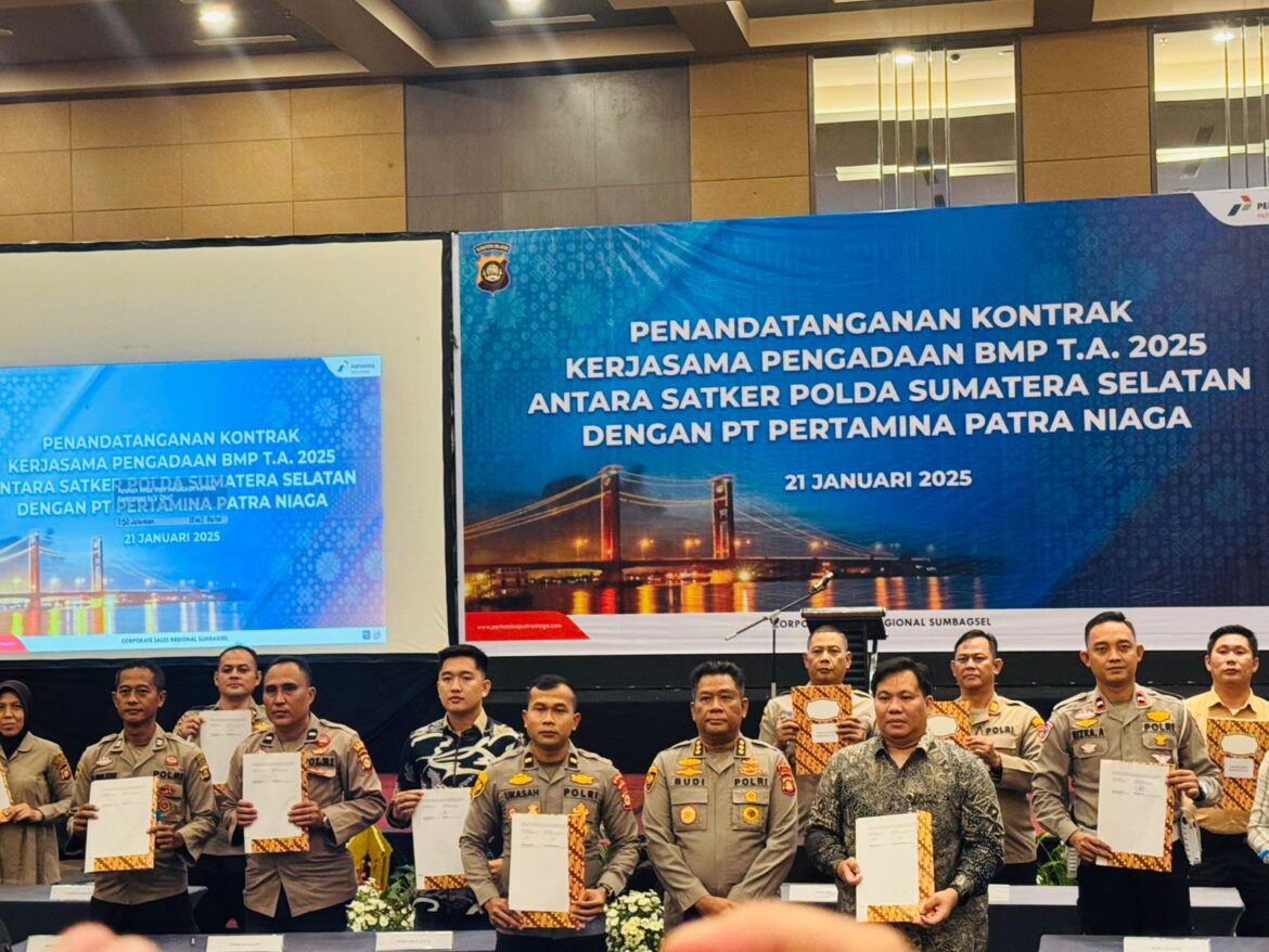 Dukung Operasional, Kepala Biro Logisitik Polda Sumsel dan PT Pertamina Patra Niaga Tandatangani Kontrak Kerjasama Pengadaan BMP