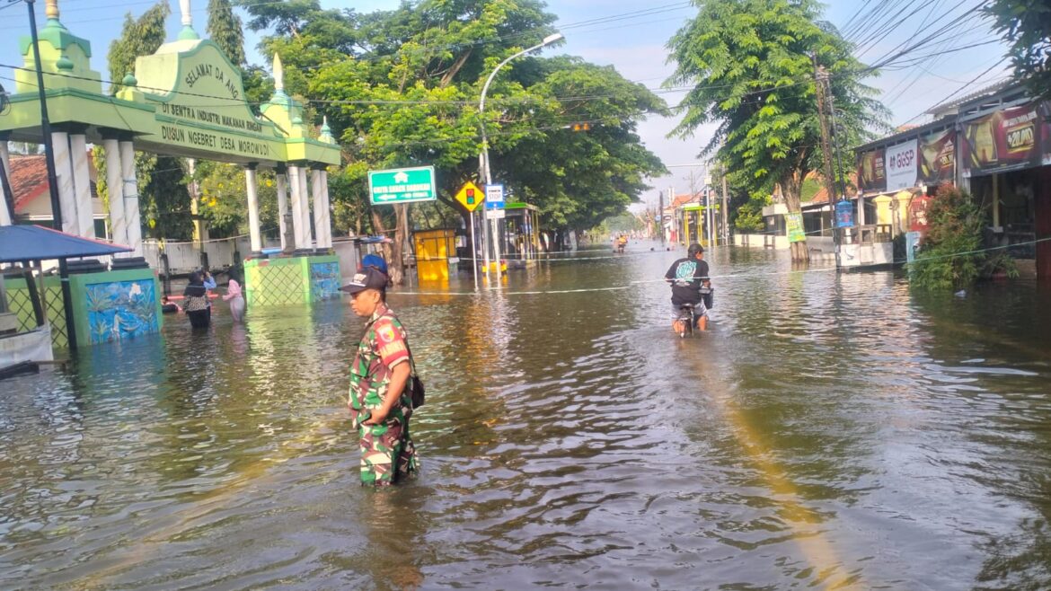 Babinsa Cerme Laksanakan Pemantauan Banjir di Wilayah Binaan