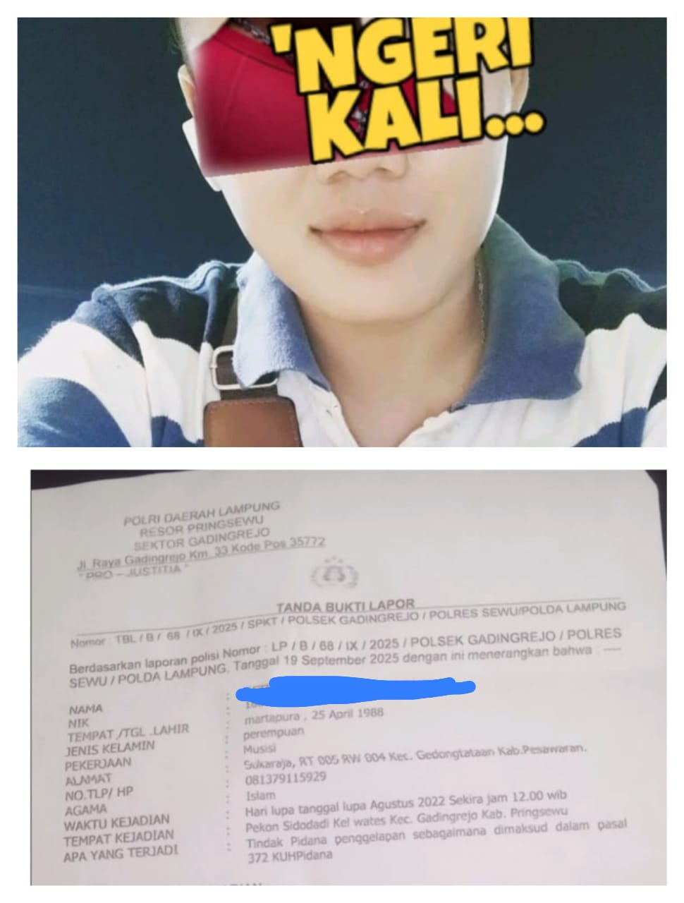 Korban Peminjaman Motor Yang Tak Kunjung Dikembalikan Laporkan Pelaku Ke Polsek Gading Rejo